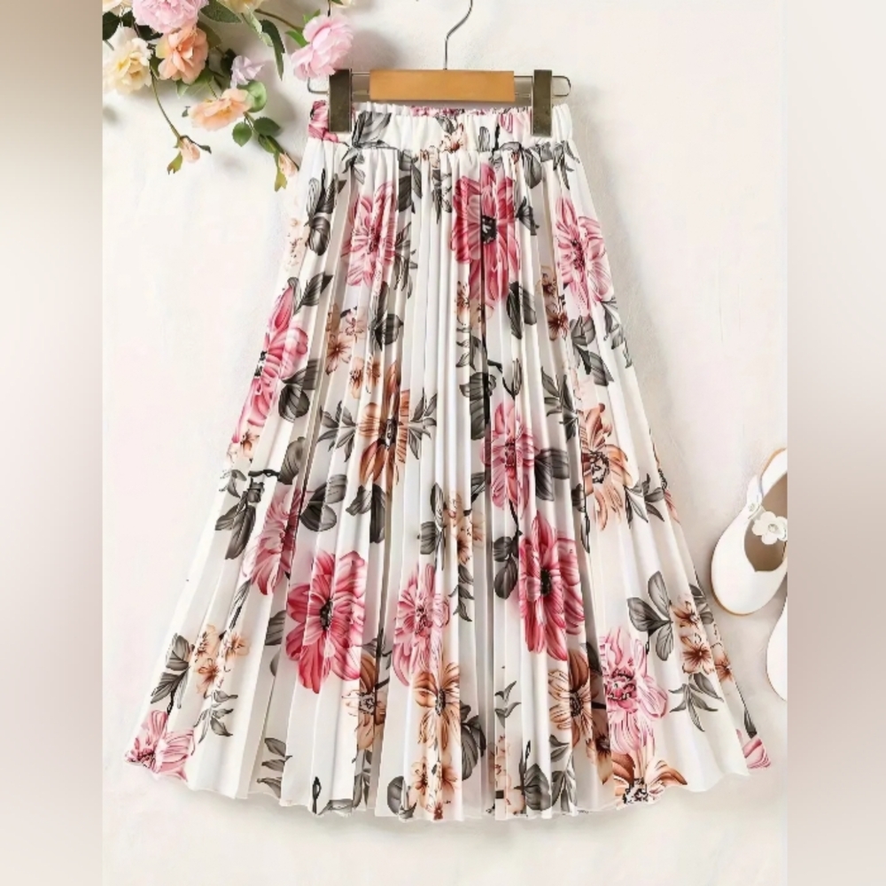 *S-XXL* Floral Pleated A-Line Skirt Pink & White *2XL, 3X, & 4X not pleated*